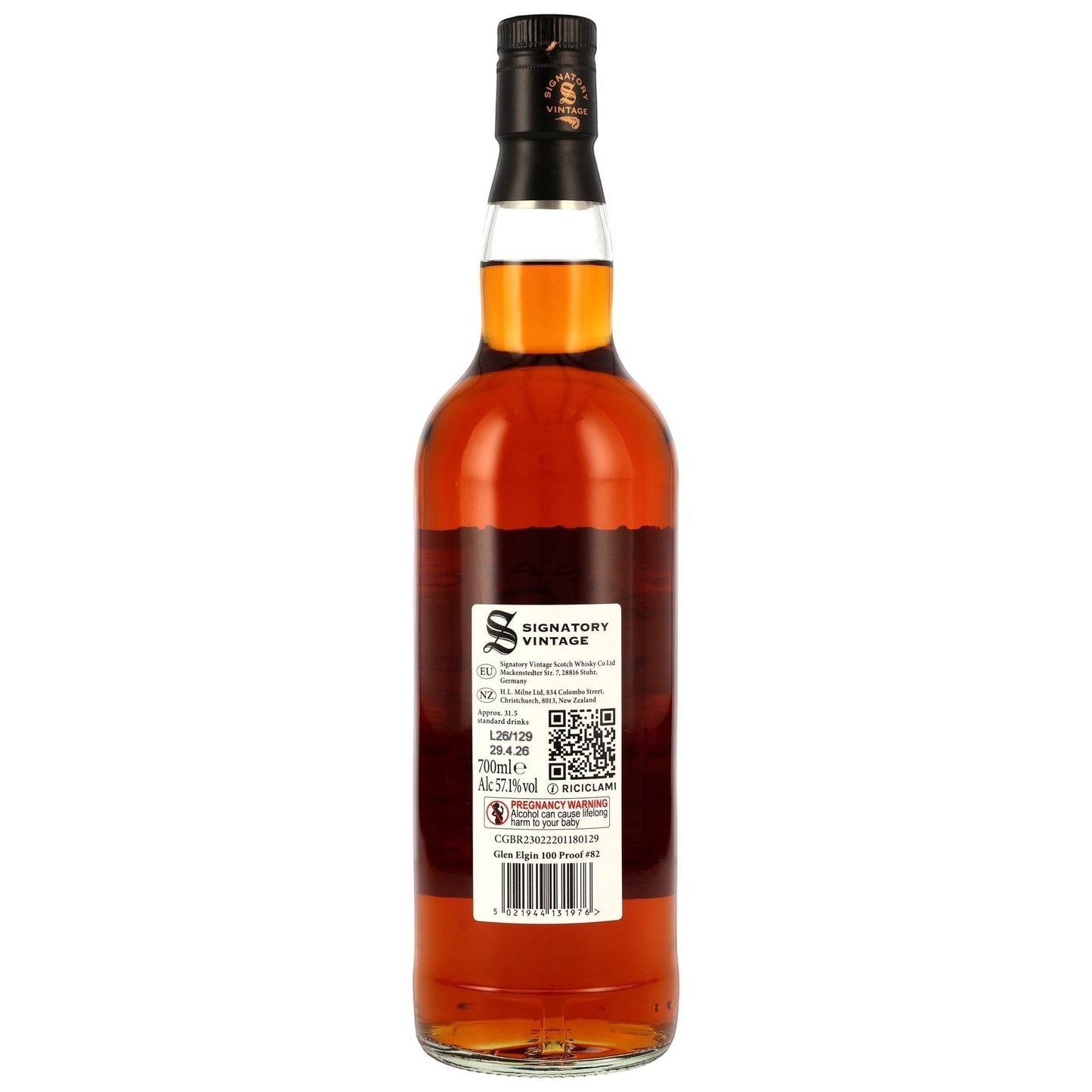 Schwarzbach Spirits Glen Elgin 14 Jahre Whisky Flaschenrueckseite mit Etikett der Signatory Vintage 100 Proof Edition