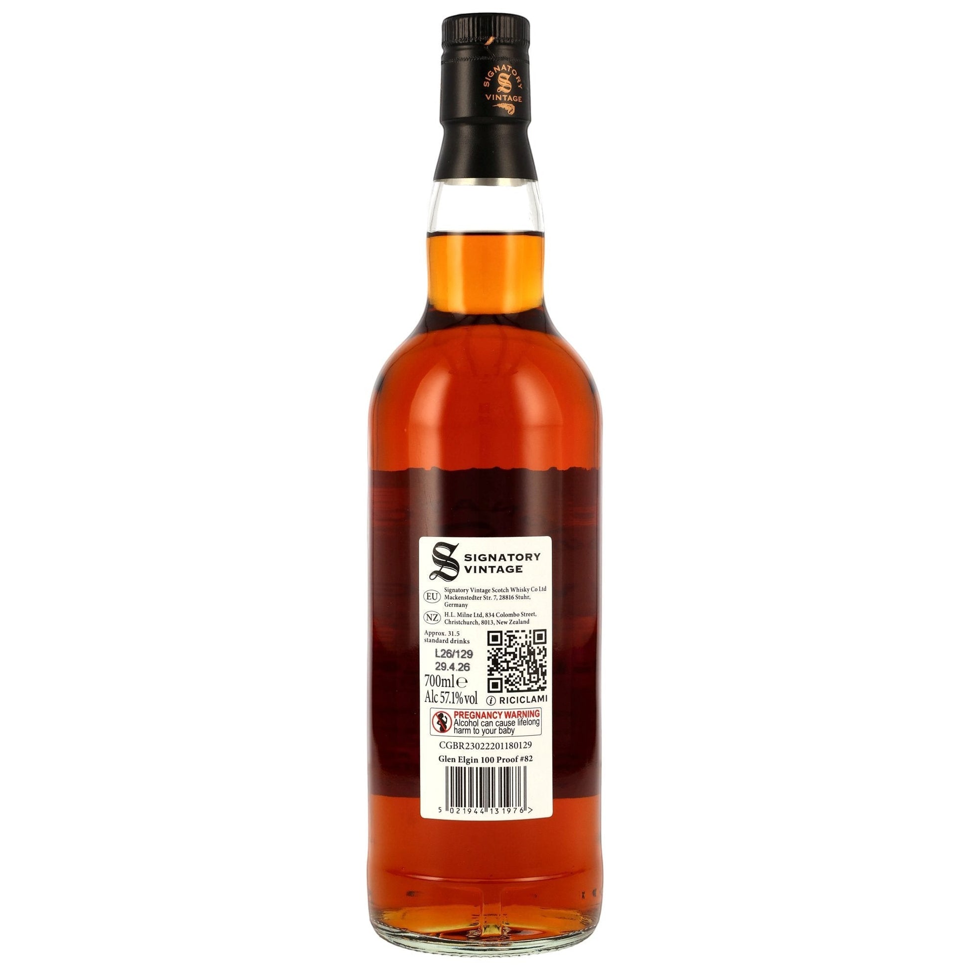 Schwarzbach Spirits Glen Elgin 14 Jahre Whisky Flaschenrueckseite mit Etikett der Signatory Vintage 100 Proof Edition