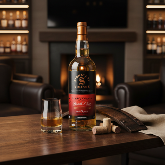 Schwarzbach Spirits bottle of 14-year-old Glen Garioch 2011 single malt whisky with a glass on a wooden table.