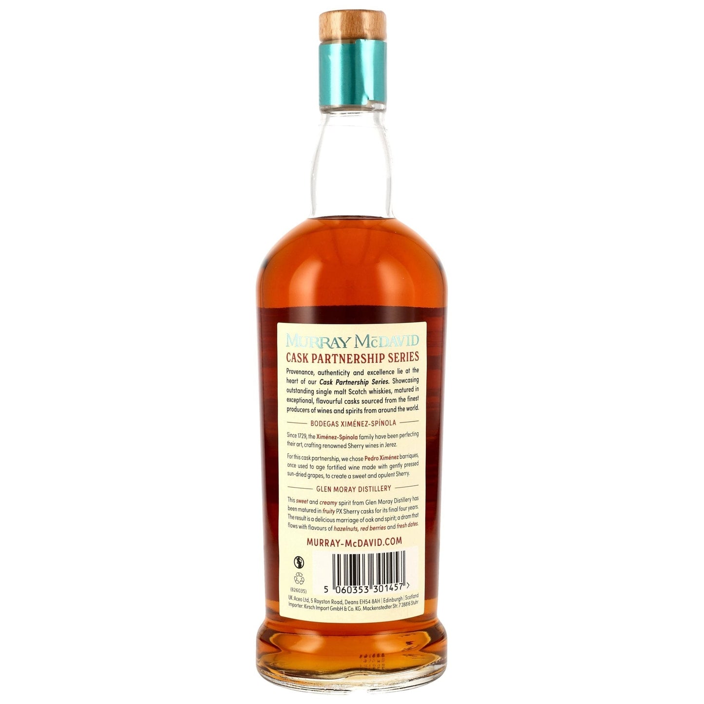 Schwarzbach Spirits: Glen Moray 8 Jahre PX Sherry Cask Finish Single Malt Scotch Whisky, 55,3% Vol. Bernstein-farbener Whisky in Glasflasche mit Holzverschluss.