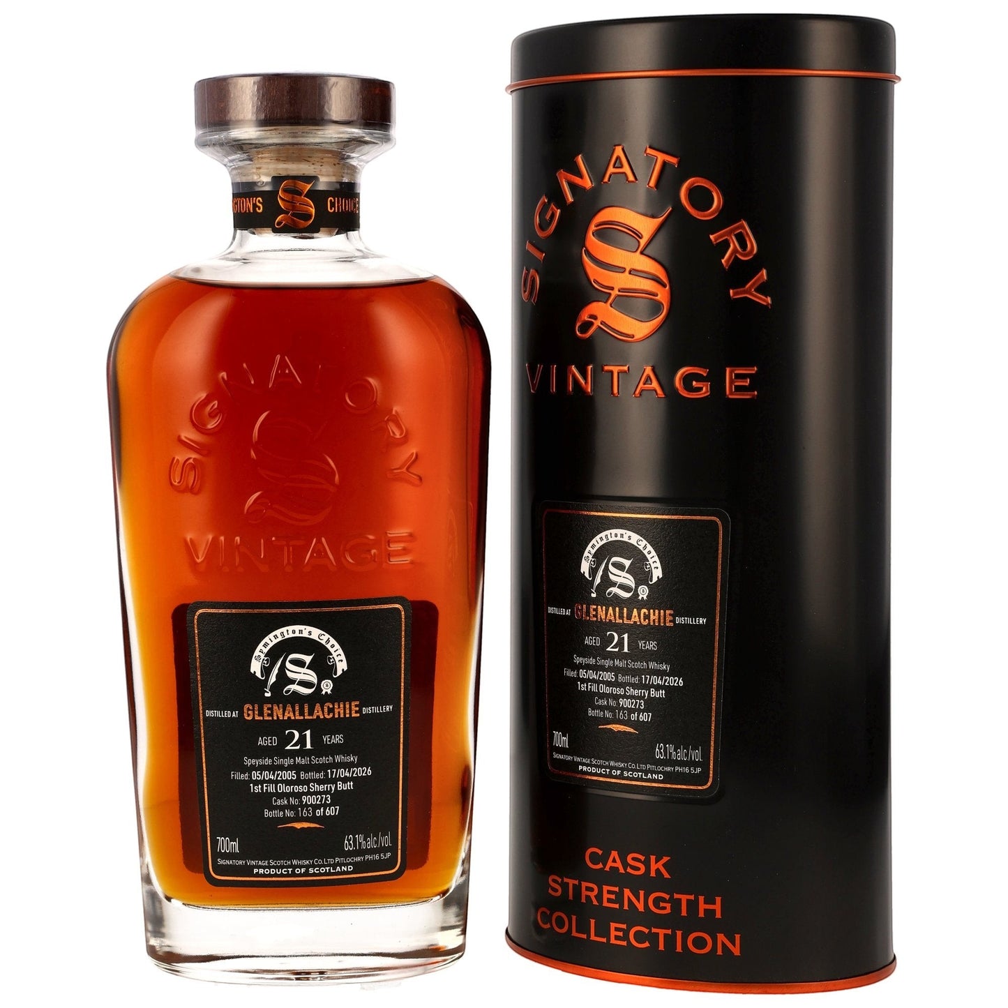 Schwarzbach Spirits GlenAllachie 21 Jahre Single Malt Whisky in einer Flasche mit schwarzer Dose und Sherry-Fass-Etikett