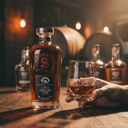 Schwarzbach Spirits GlenAllachie 21 Jahre Single Malt Whisky in einer Flasche mit Glas auf einem Holztisch