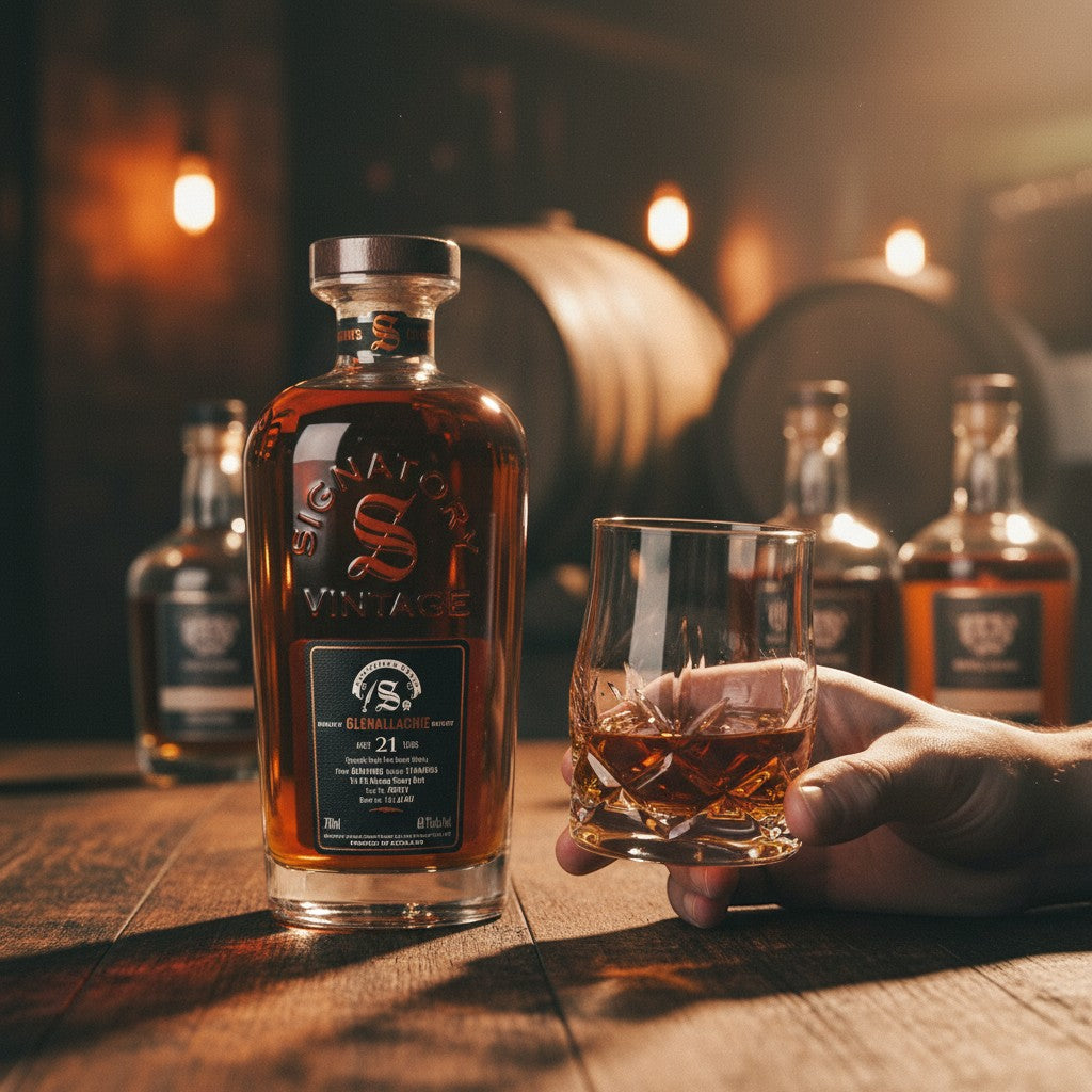 Schwarzbach Spirits GlenAllachie 21 Jahre Single Malt Whisky in einer Flasche mit Glas auf einem Holztisch