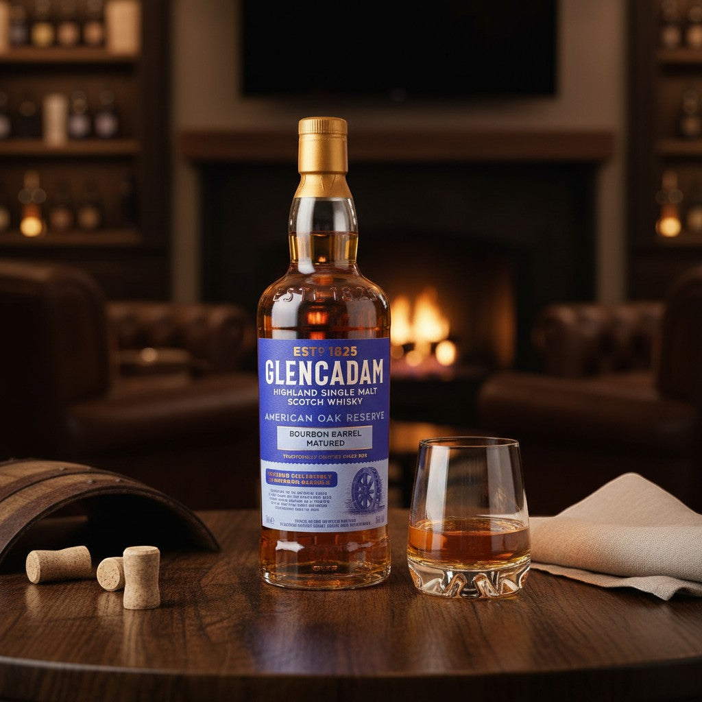 Schwarzbach Spirits Glencadam American Oak Reserve Whisky Flasche mit Glas auf einem Holztisch vor einem Kamin