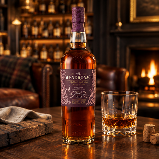 Schwarzbach Spirits GlenDronach 14 Jahre Boynsmill House Edition Whisky Flasche mit Glas vor einem Kamin