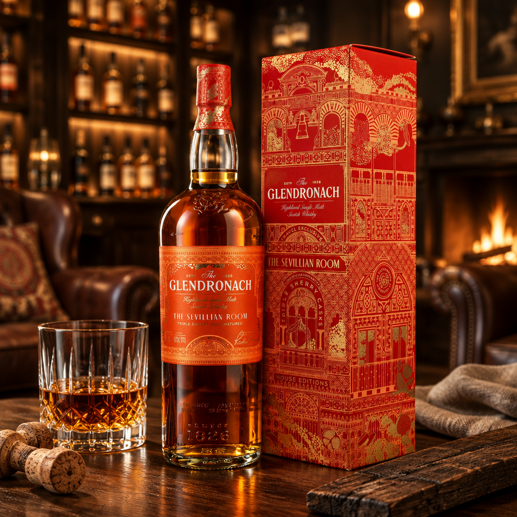 Schwarzbach Spirits GlenDronach The Sevillian Room Whisky in 1L Flasche mit roter Schmuckverpackung auf Holztisch