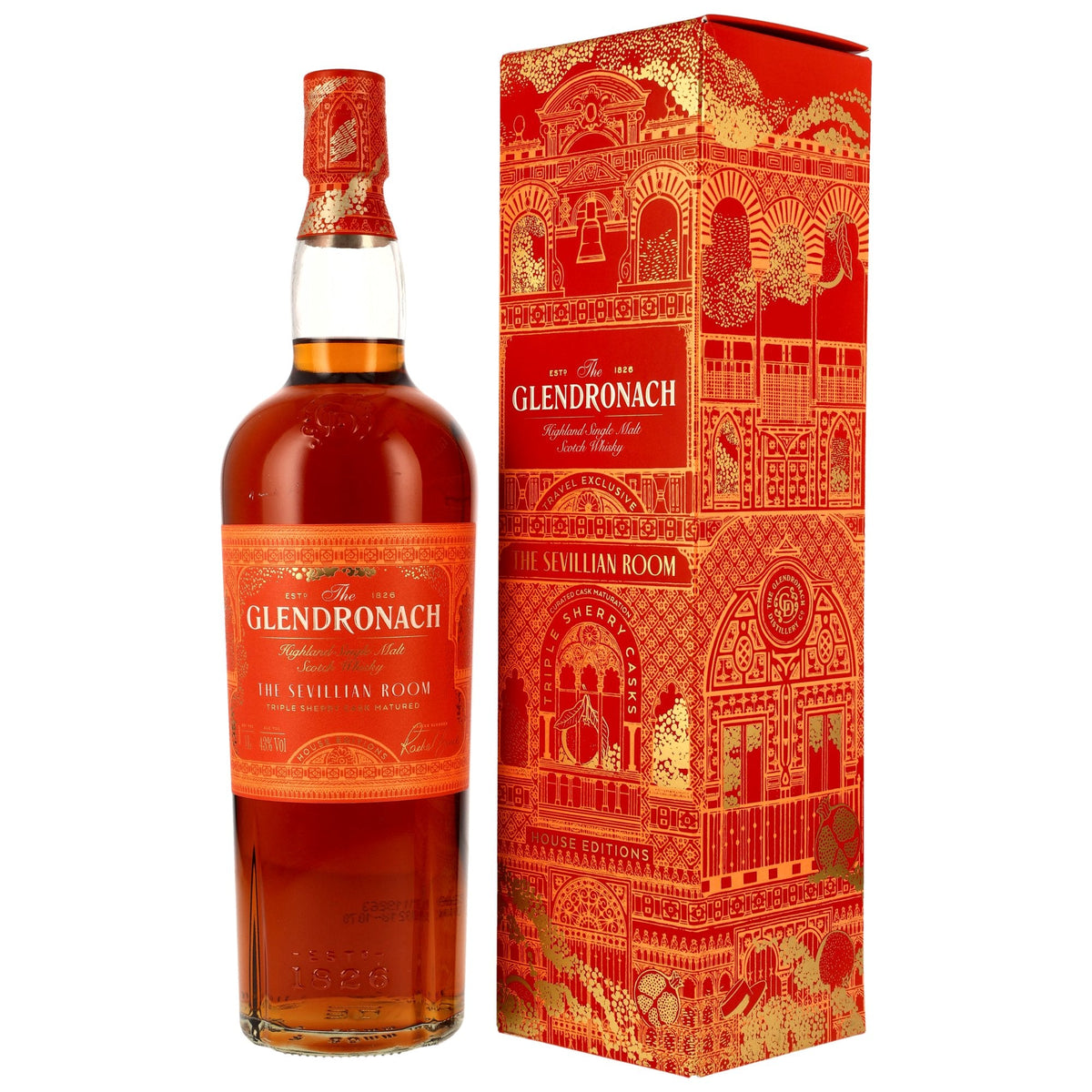 Schwarzbach Spirits GlenDronach The Sevillian Room Whisky in 1-Liter-Flasche mit aufwendig illustrierter roter Geschenkbox