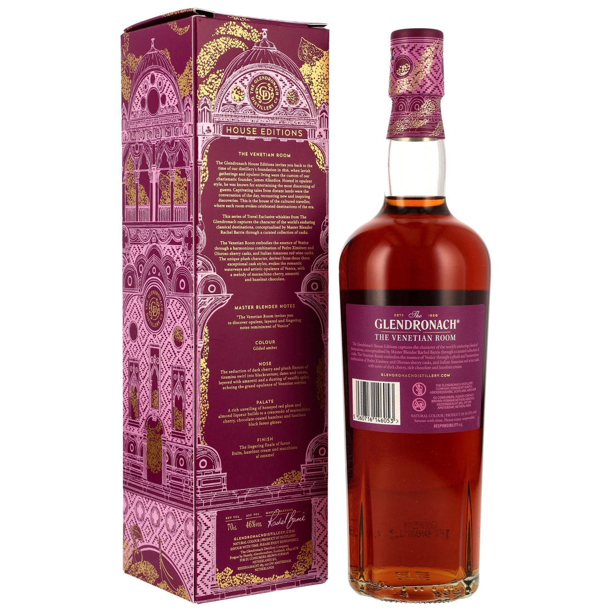 Schwarzbach Spirits Glendronach The Venetian Room Whisky Flasche mit verzierter violetter Geschenkverpackung