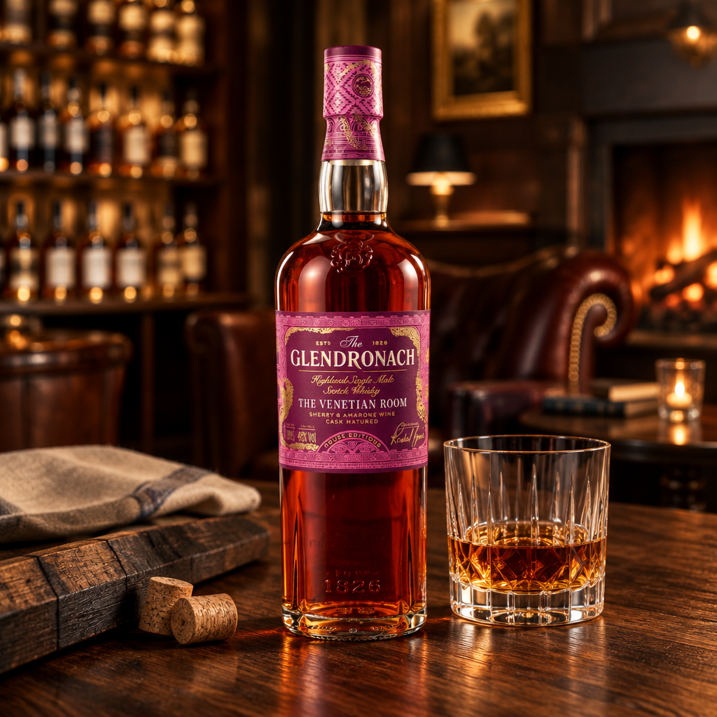 Schwarzbach Spirits GlenDronach The Venetian Room Whisky Flasche mit Glas auf einem Holztisch vor einem Kamin