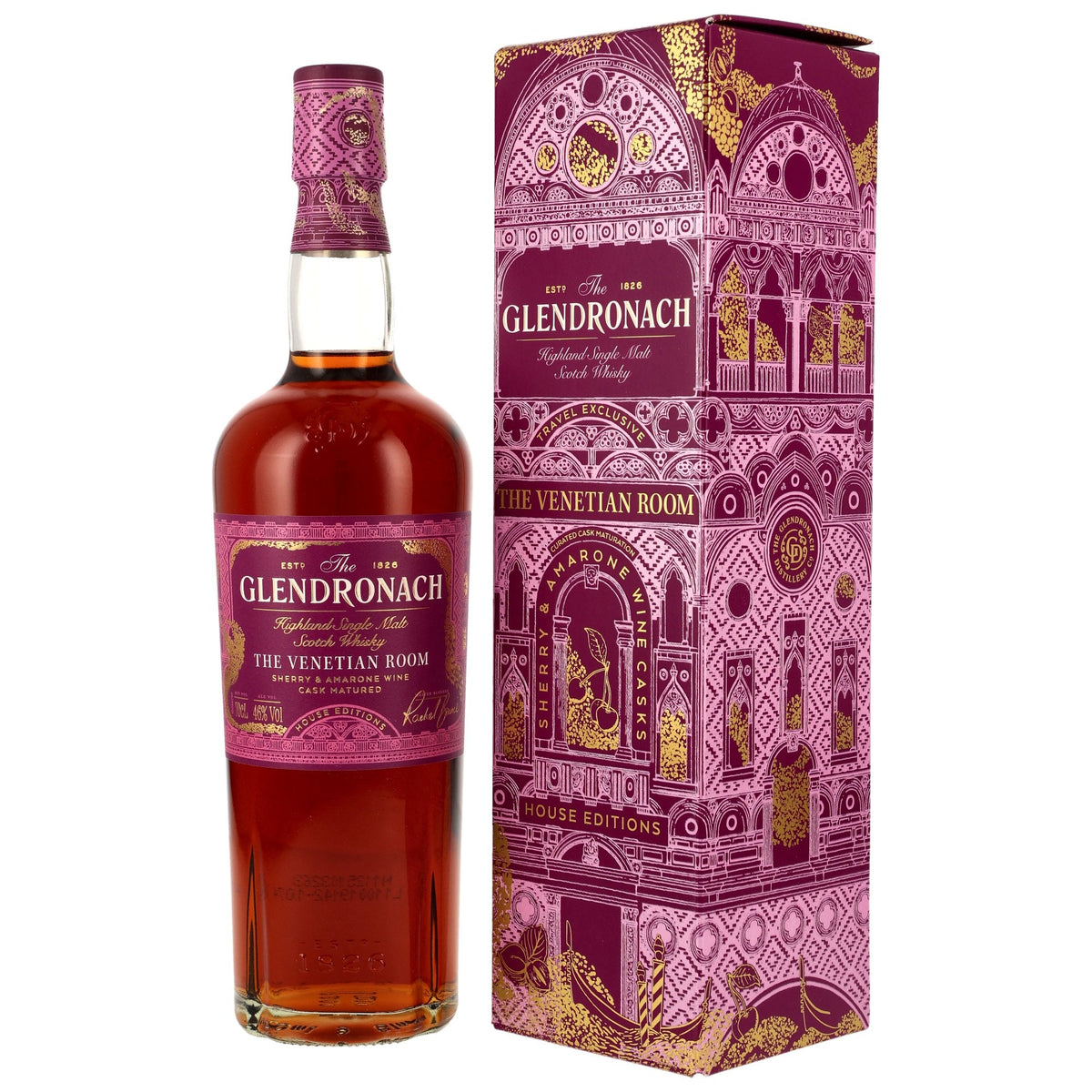 Schwarzbach Spirits GlenDronach The Venetian Room Whisky Flasche mit violetter Geschenkverpackung und Amarone-Finish