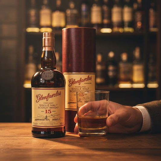 Schwarzbach Spirits Glenfarclas 15 Year Old Highland Single Malt Scotch Whisky bottle and presentation tube. Unfiltered, natural colour, 46% vol.