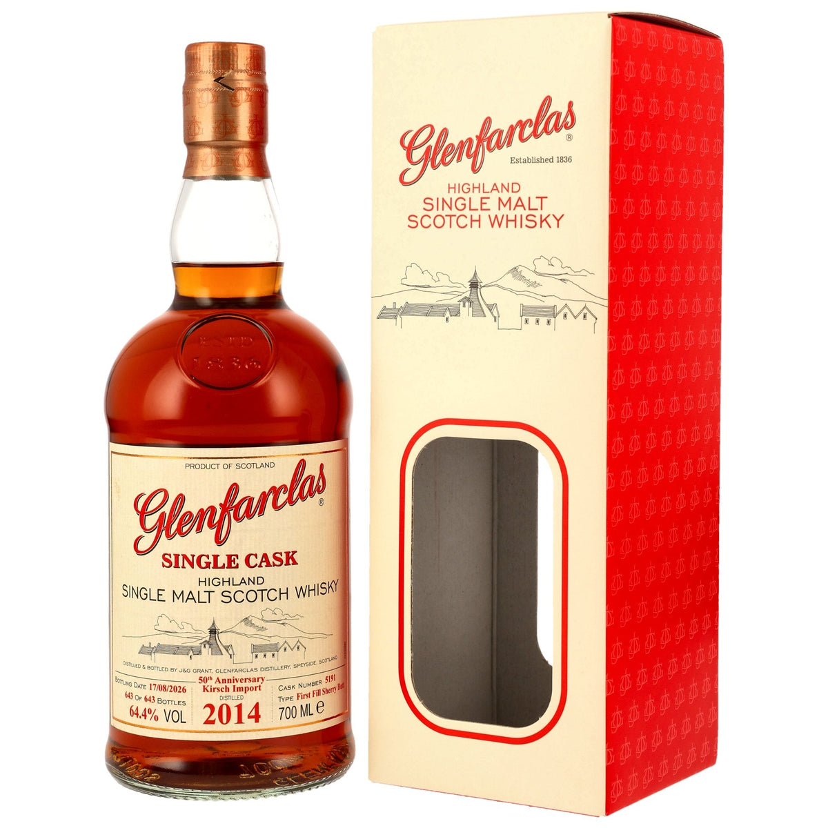 Schwarzbach Spirits Glenfarclas 2014 Single Malt Whisky in einer Flasche mit roter Geschenkverpackung
