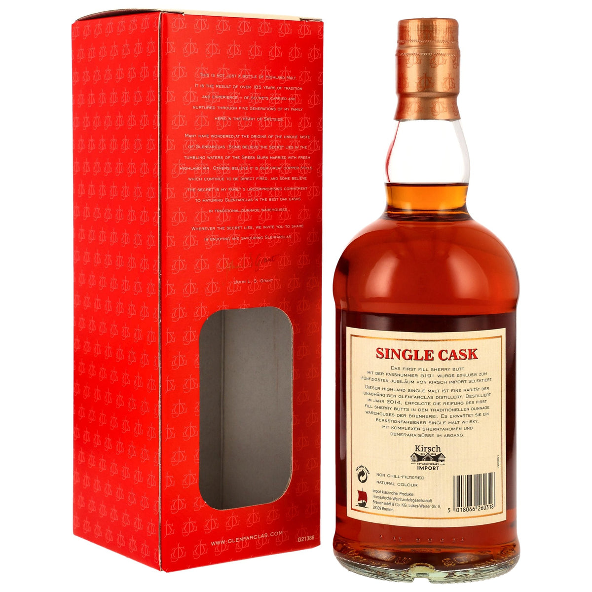 Schwarzbach Spirits Glenfarclas 2014 Single Malt Whisky Flasche mit roter Geschenkverpackung und Sherryfass-Etikett