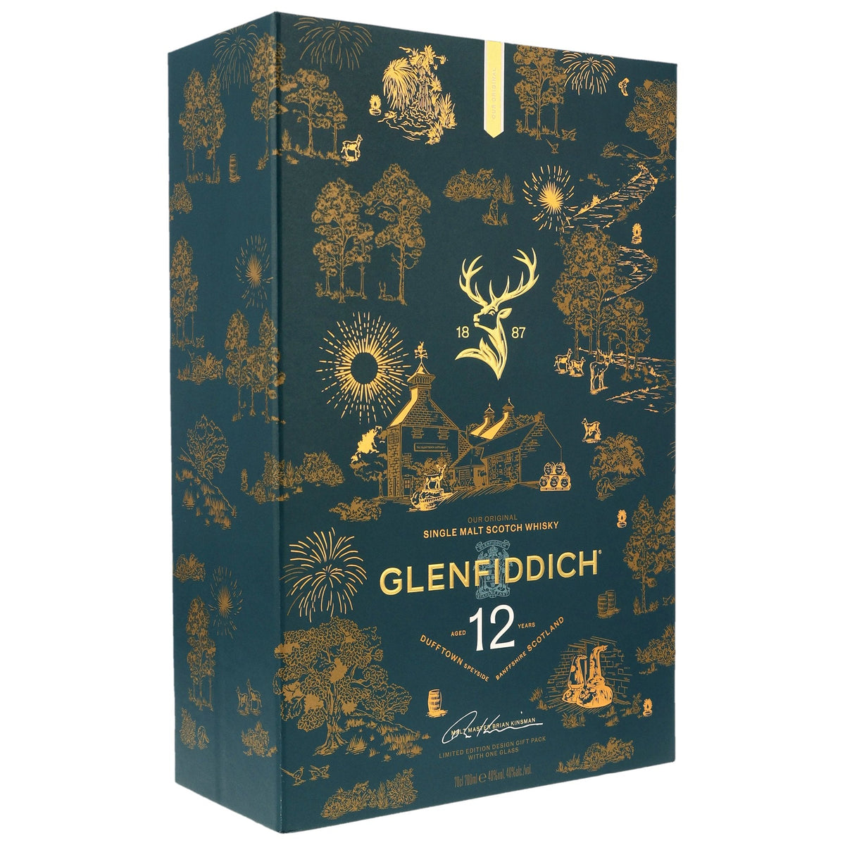 Schwarzbach Spirits Glenfiddich 12 Jahre Limited Design 2026 Geschenkset mit goldener Illustration auf dunkler Box