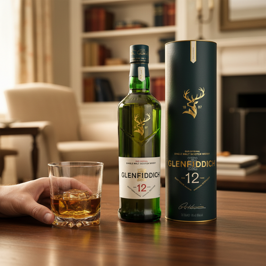 Schwarzbach Spirits Glenfiddich 12 Year Old Single Malt Scotch Whisky in green bottle with gold stag emblem.