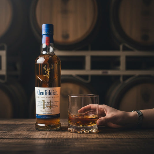 Schwarzbach Spirits Glenfiddich 14 Years Bourbon Barrel Reserve single malt Scotch whisky in a clear bottle with a gold stag emblem.