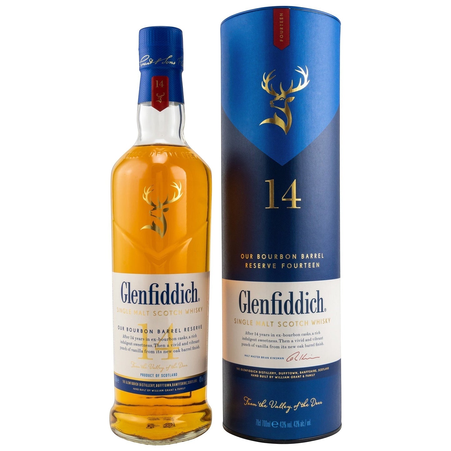 Schwarzbach Spirits Glenfiddich 14 Years Bourbon Barrel Reserve single malt Scotch whisky in a clear bottle with a blue and gold label and matching presentation tube.