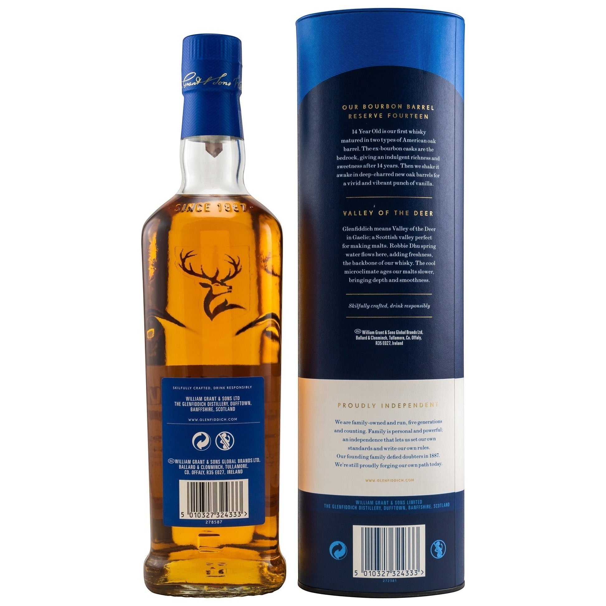 Schwarzbach Spirits Glenfiddich 14 Year Bourbon Barrel Reserve Scotch Whisky bottle and tube. Amber liquid, deer logo, blue cap and label.