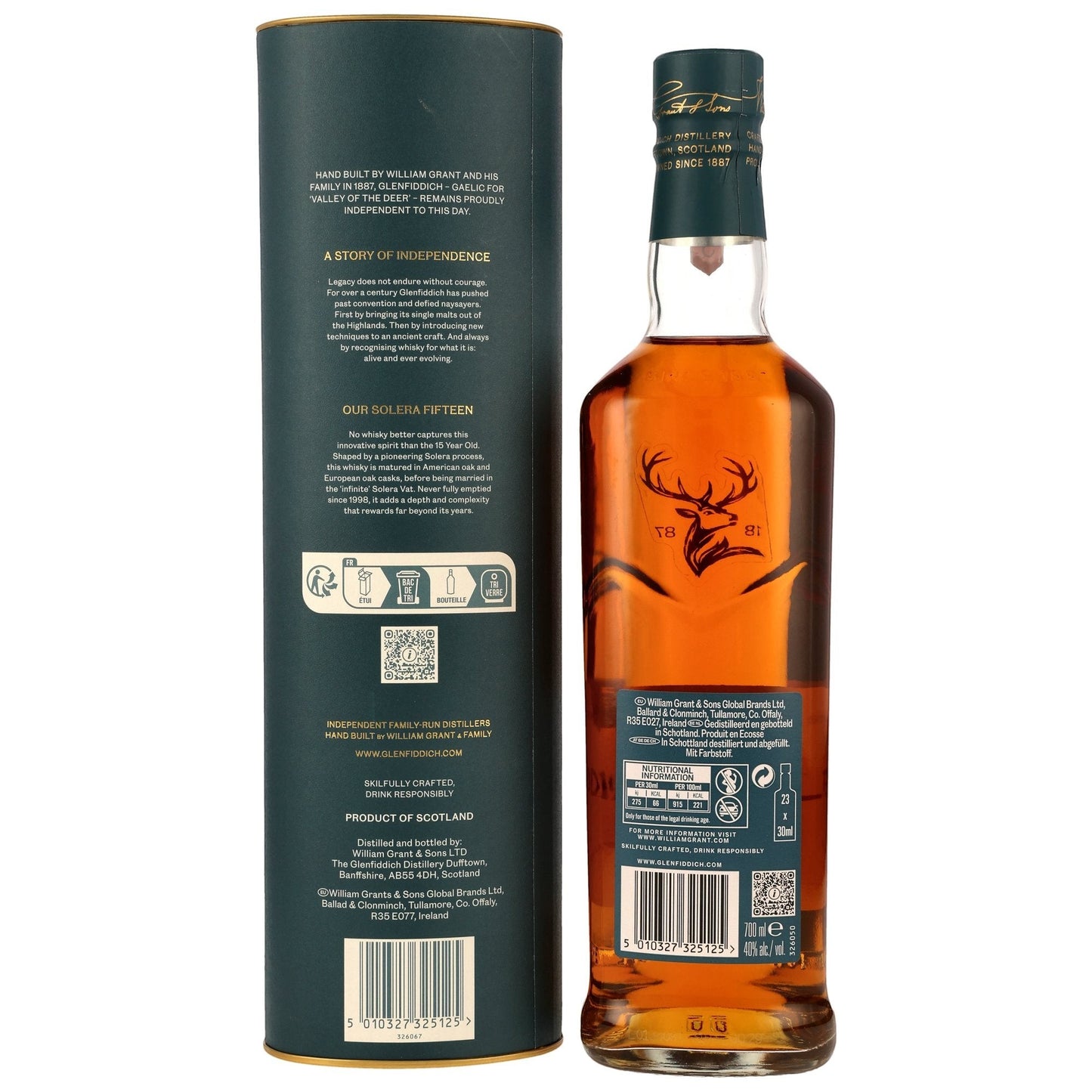 Schwarzbach Spirits Glenfiddich 15 Jahre Solera Edition Single Malt Scotch Whisky, 40% Vol., 700ml, mit Hirsch-Emblem