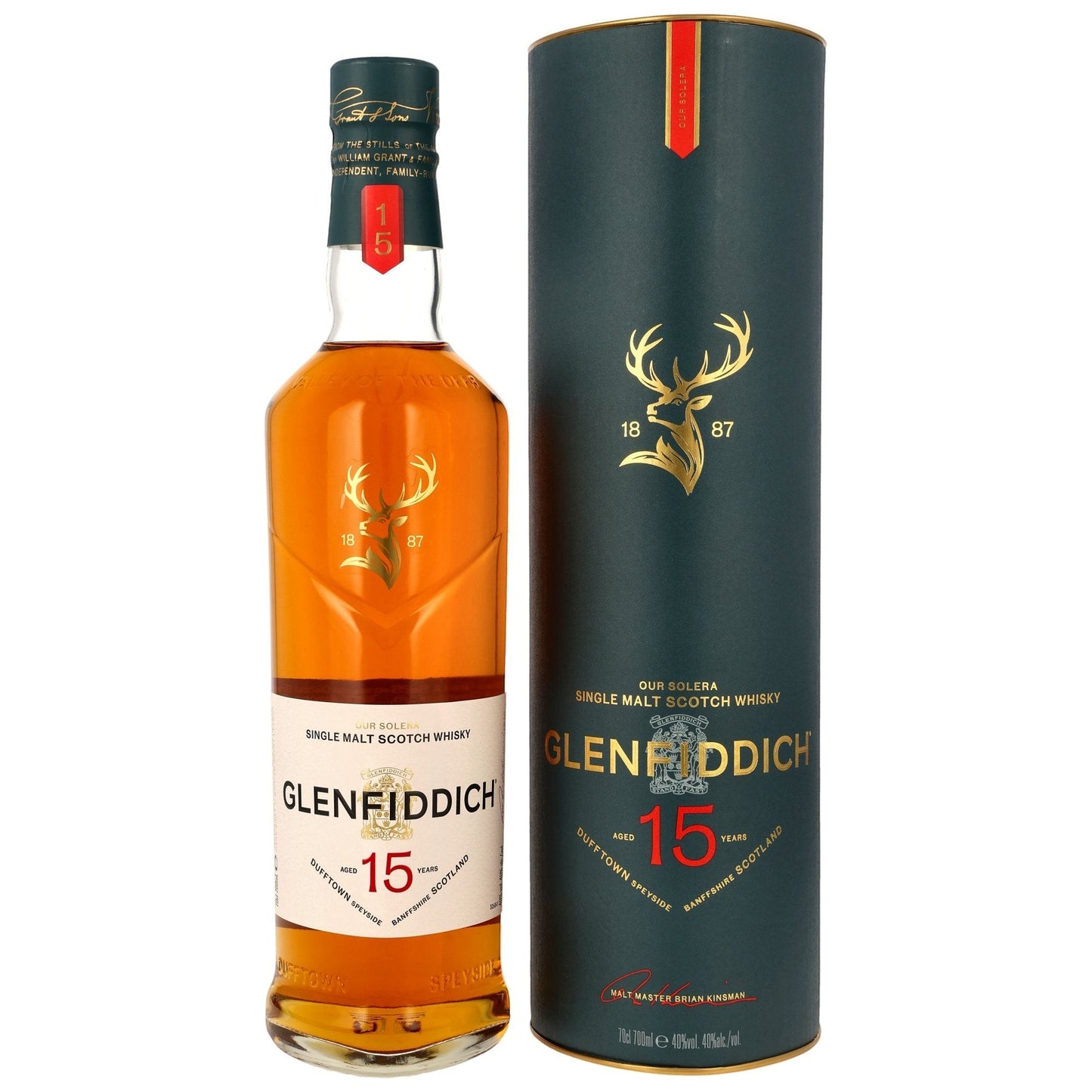 Schwarzbach Spirits: Glenfiddich 15 Jahre Solera Edition Single Malt Scotch Whisky, 40% Vol., 700ml Flasche und Geschenkverpackung.