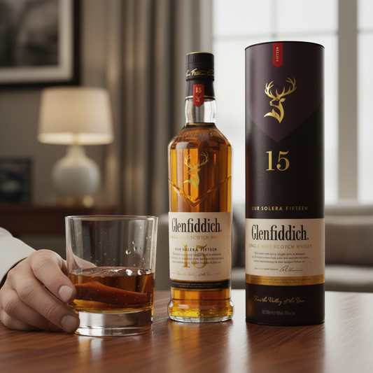 Schwarzbach Spirits Glenfiddich 15 Year Old Single Malt Scotch Whisky bottle and presentation tube. Amber liquid, gold stag logo.