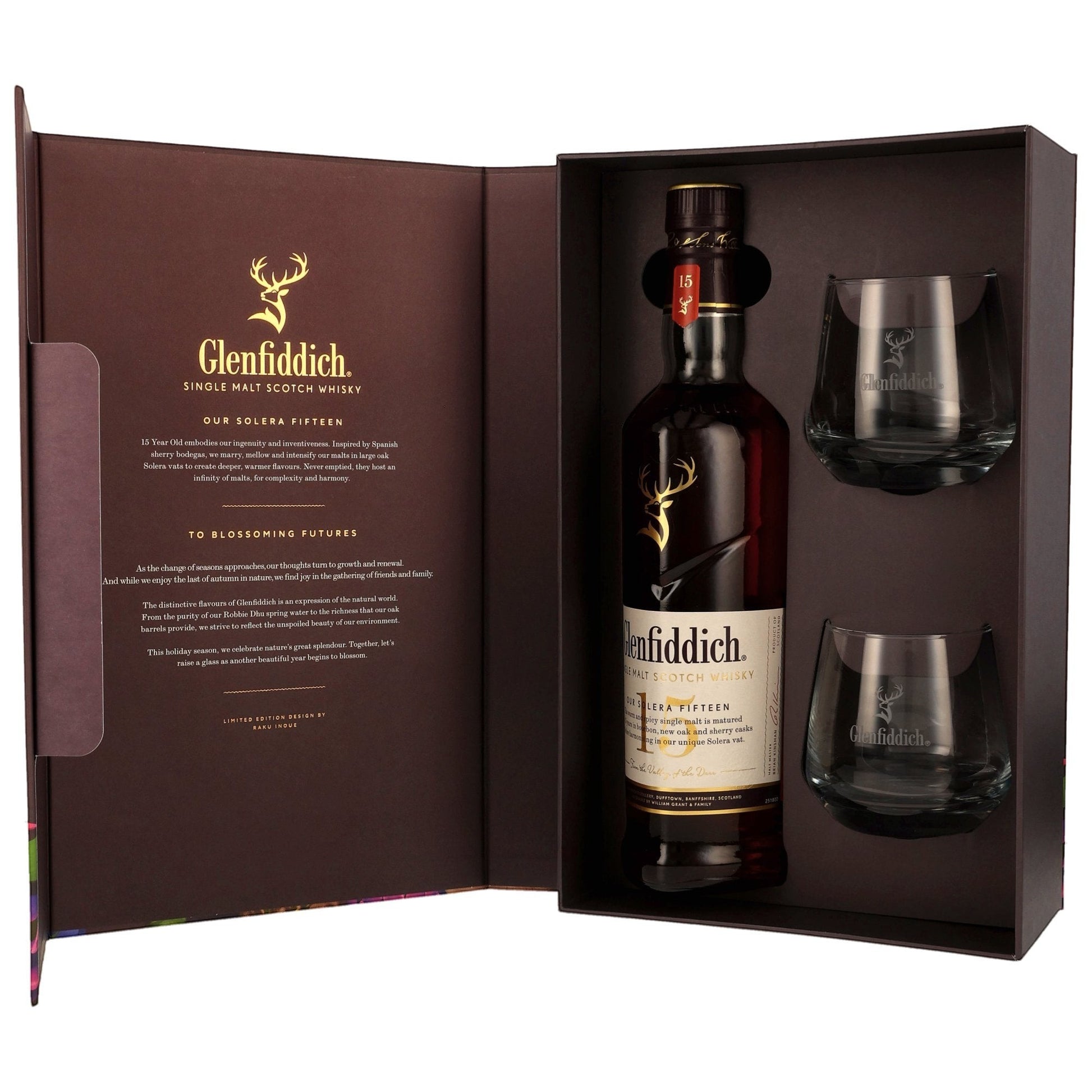 Schwarzbach Spirits Glenfiddich 15 Year Old Solera Reserve single malt Scotch whisky gift set with two branded glasses.