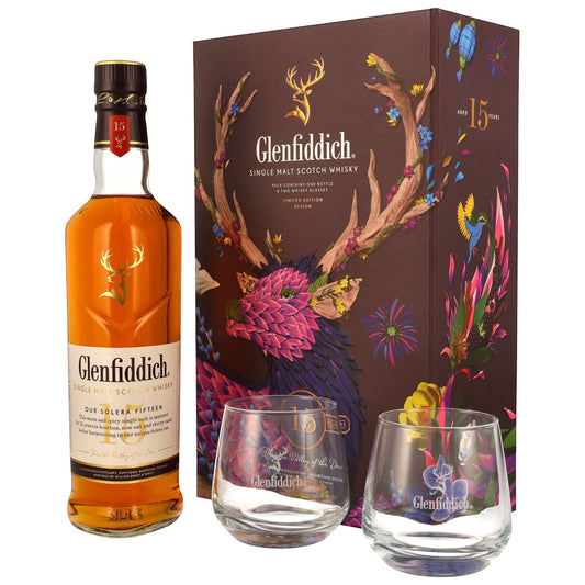 Schwarzbach Spirits Glenfiddich 15 Year Old single malt Scotch whisky gift set with two branded glasses and decorative box.