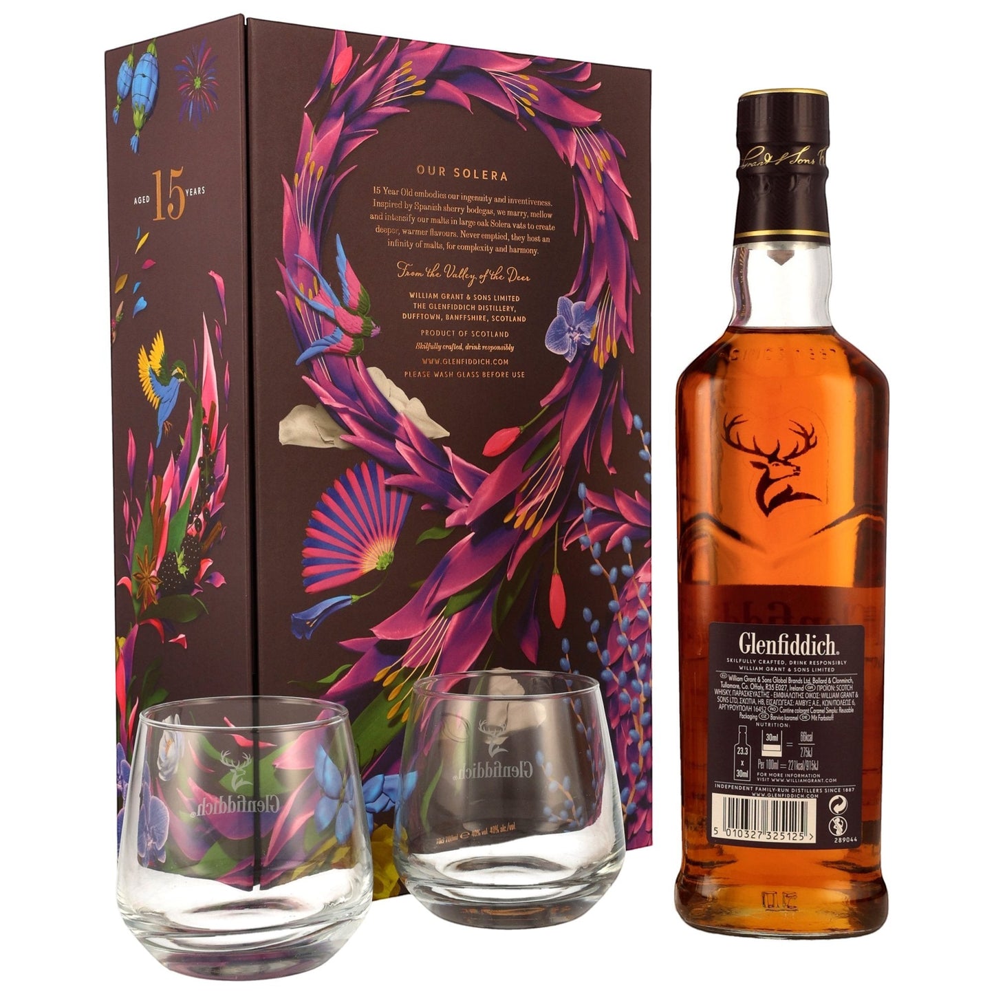 Schwarzbach Spirits Glenfiddich 15 Year Old Single Malt Scotch Whisky gift set with two branded glasses, rich amber liquid, floral box design.