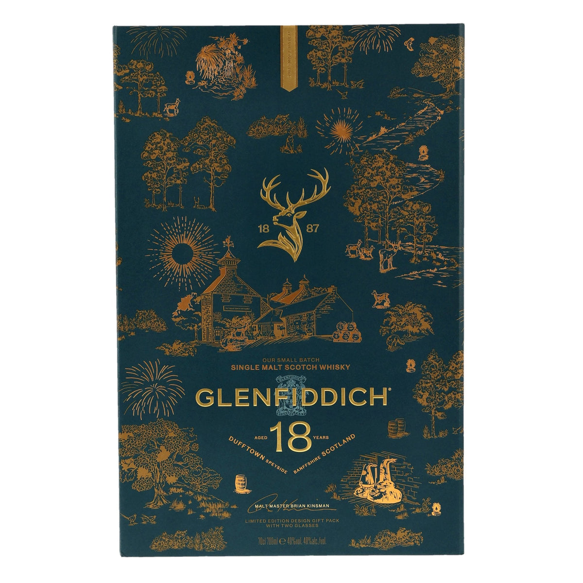 Schwarzbach Spirits Glenfiddich 18 Jahre Limited Design 2026 Geschenkset mit zwei Glencairn-Gläsern in dunkelgrüner Box