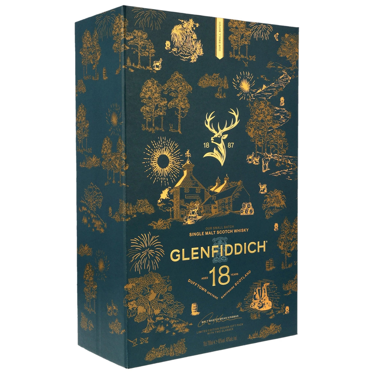 Schwarzbach Spirits Glenfiddich 18 Jahre Limited Design 2026 Geschenkset mit goldener Illustration auf dunkelgrün