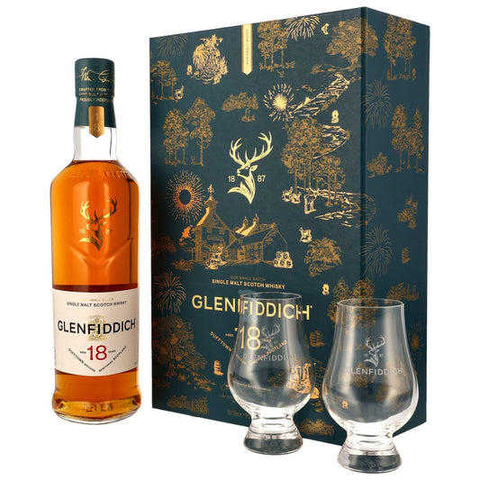 Schwarzbach Spirits Glenfiddich 18 Jahre Limited Design 2026 Geschenkset mit Flasche und zwei Glencairn-Gläsern