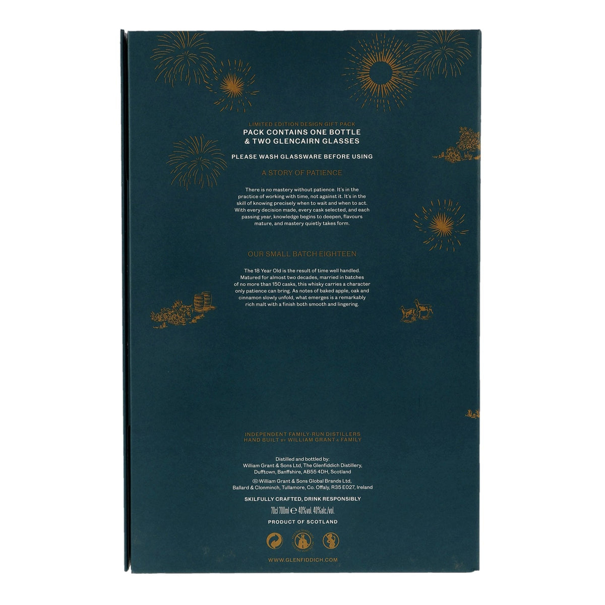 Schwarzbach Spirits Glenfiddich 18 Jahre Limited Design 2026 Geschenkverpackung Rückseite mit Produktinformationen