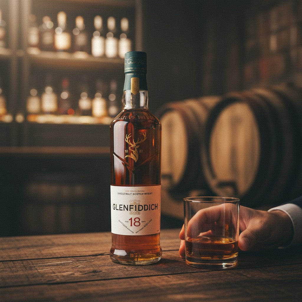 Schwarzbach Spirits Glenfiddich 18 Jahre Single Malt Scotch Whisky Flasche neben einem Glas auf einem Holztisch