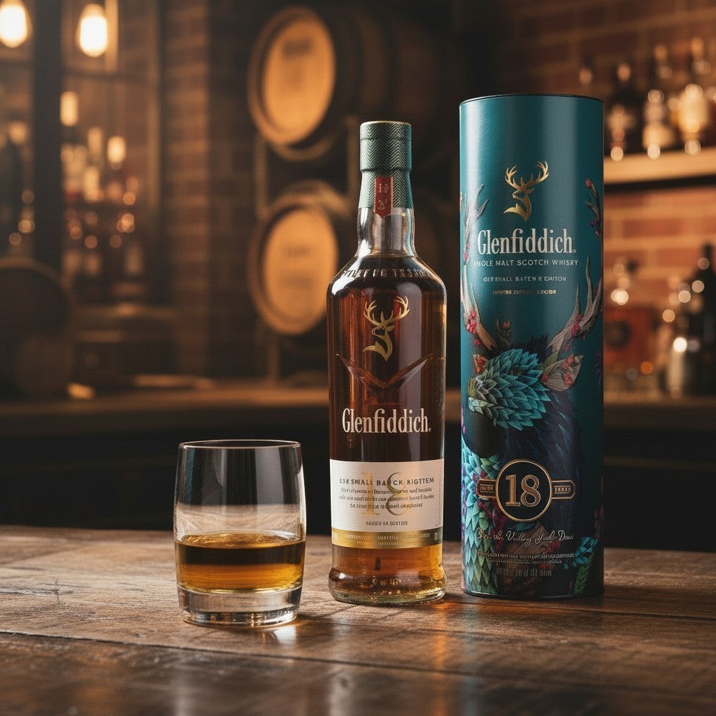 Schwarzbach Spirits Glenfiddich 18 Year Old Limited Edition Scotch Whisky bottle and gift tin with a glass of whisky.