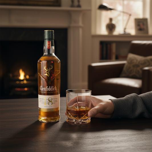 Schwarzbach Spirits Glenfiddich 18 Year Old Single Malt Scotch Whisky in a clear bottle with a gold stag logo and a dark blue presentation tube.