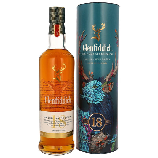 Schwarzbach Spirits Glenfiddich 18 Year Old Limited Edition Scotch Whisky in a clear bottle with gold stag logo and decorative tube.