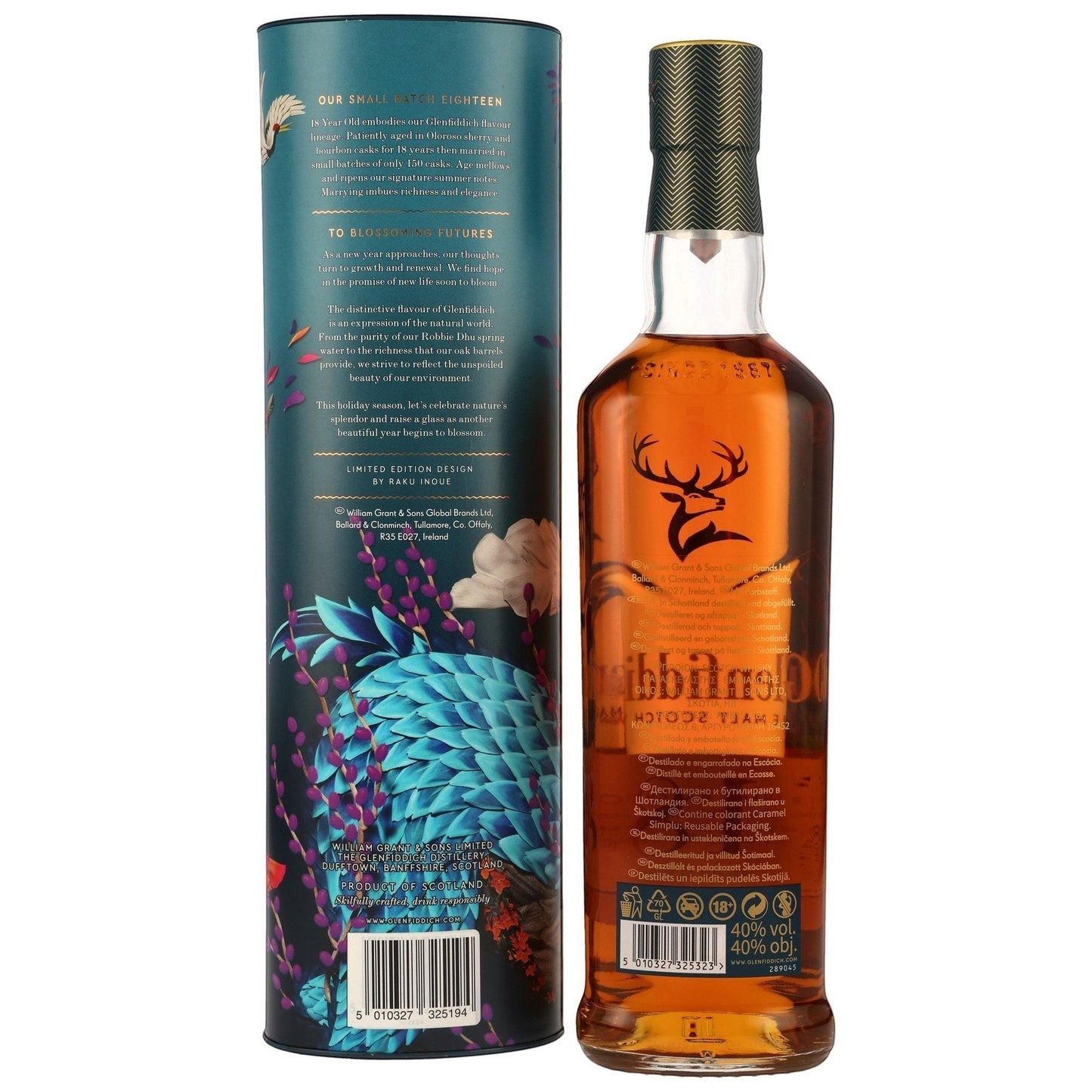 Schwarzbach Spirits Glenfiddich 18 Year Old Limited Edition Scotch Whisky bottle and decorative tube with floral and animal motifs.