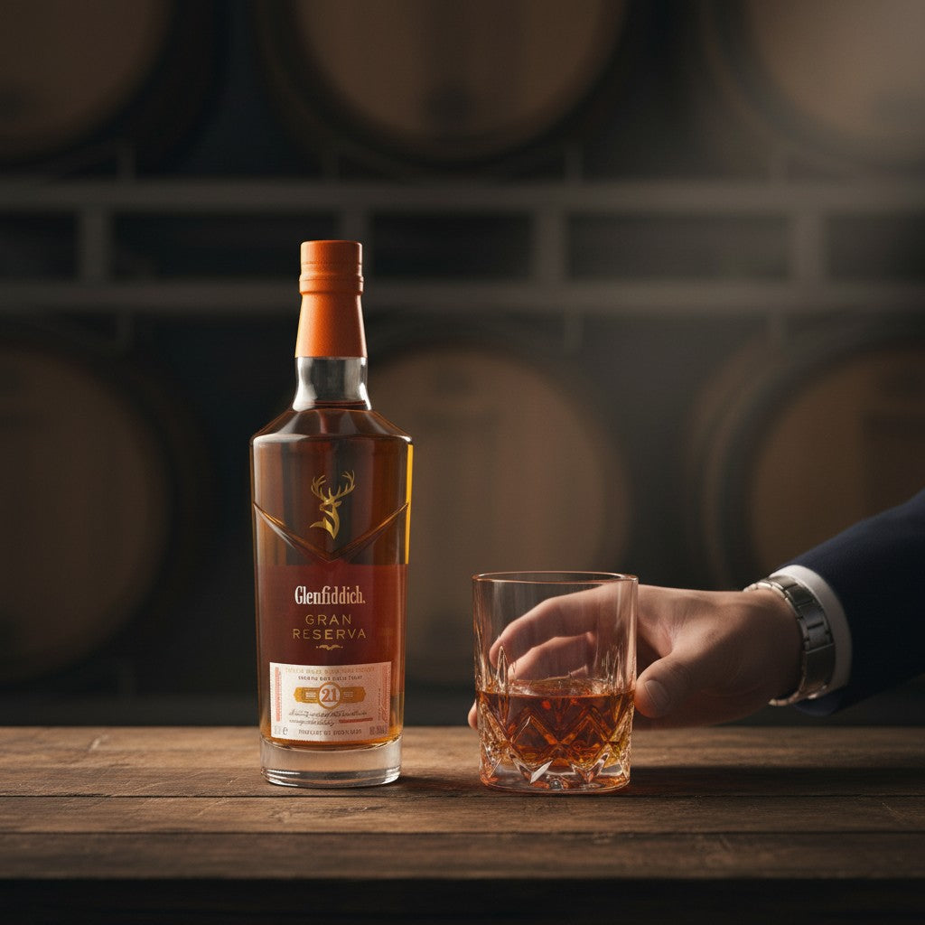 Schwarzbach Spirits Glenfiddich 21 Years Gran Reserva Single Malt Scotch Whisky in a clear bottle with an orange label and cap, presented with its orange gift box.