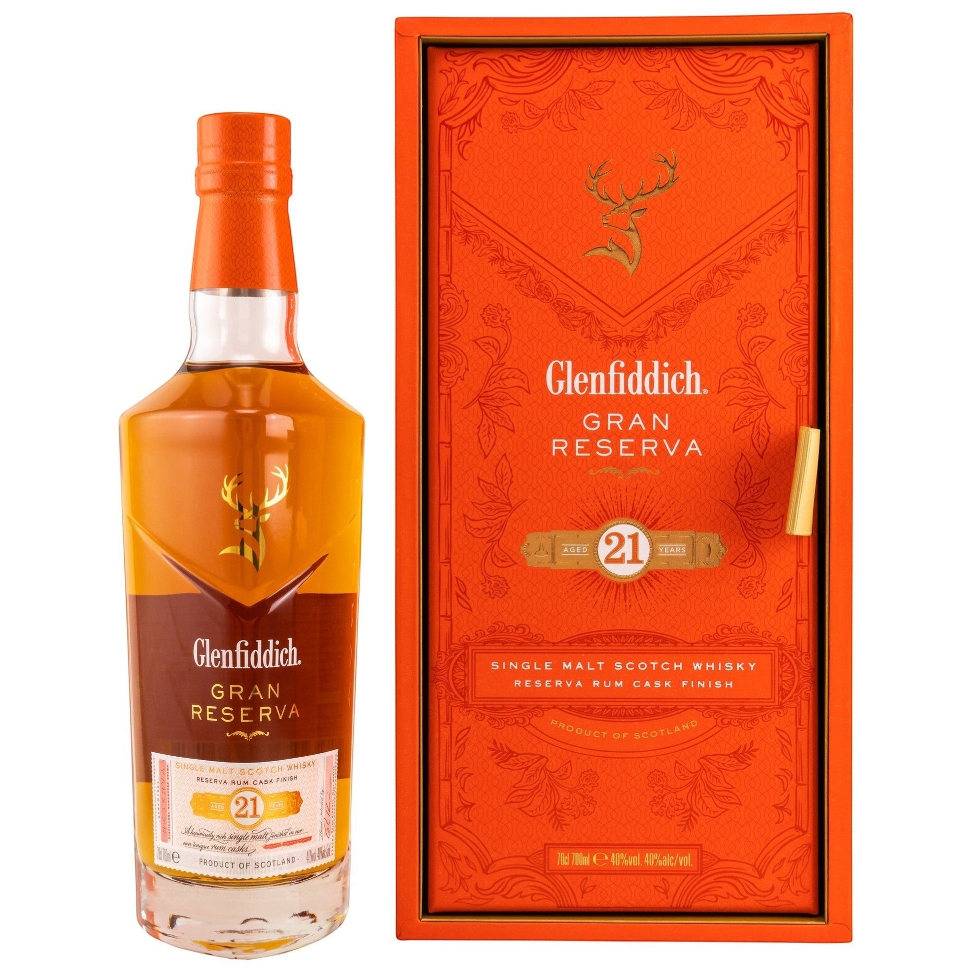 Schwarzbach Spirits Glenfiddich 21 Years Gran Reserva Single Malt Scotch Whisky in a clear glass bottle with an orange label and cap, next to its orange presentation box.