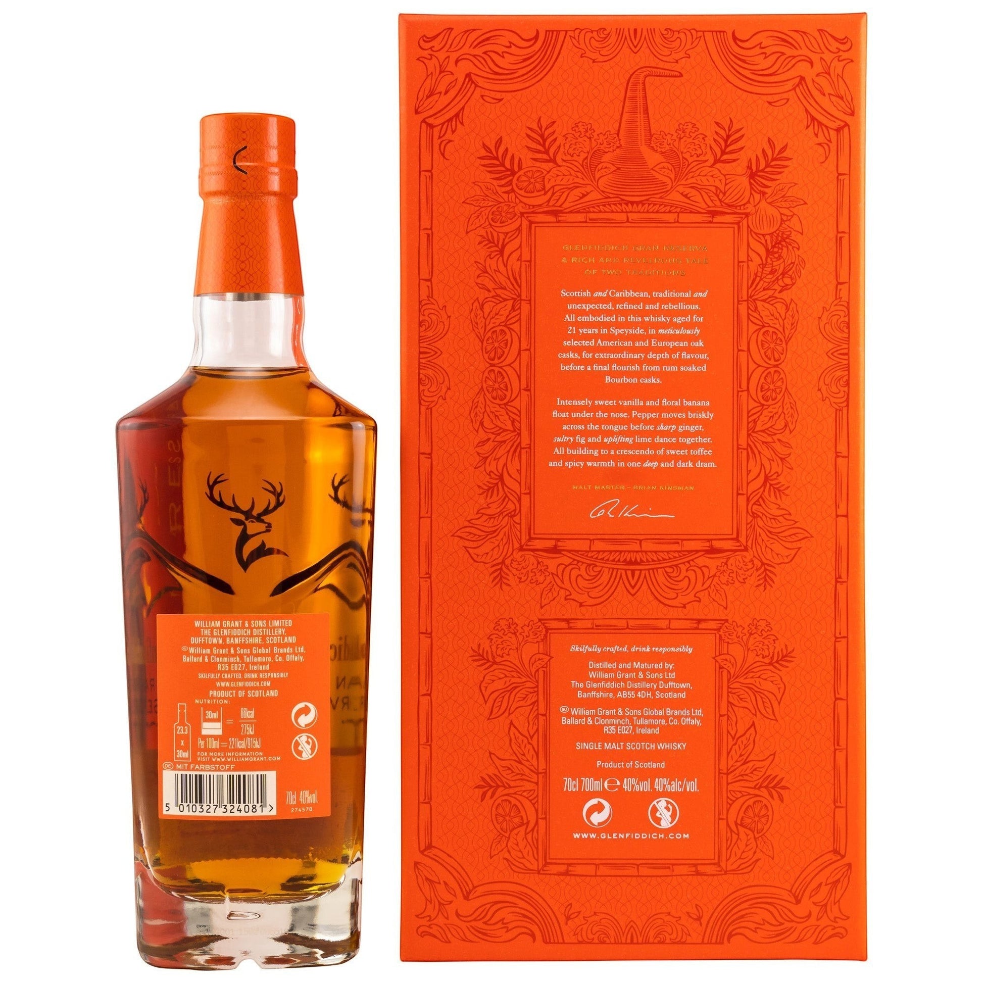 Schwarzbach Spirits Glenfiddich 21 Year Gran Reserva Scotch Whisky bottle and box, amber liquid, orange packaging with ornate design.