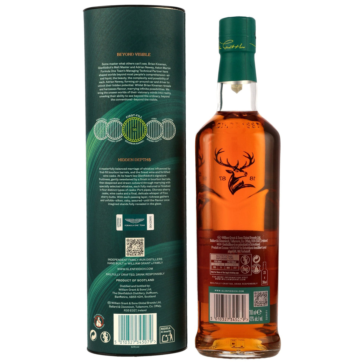 Schwarzbach Spirits Glenfiddich 16 Jahre Aston Martin F1 Limited Edition 2026 Flasche mit grüner Tube und Etikett