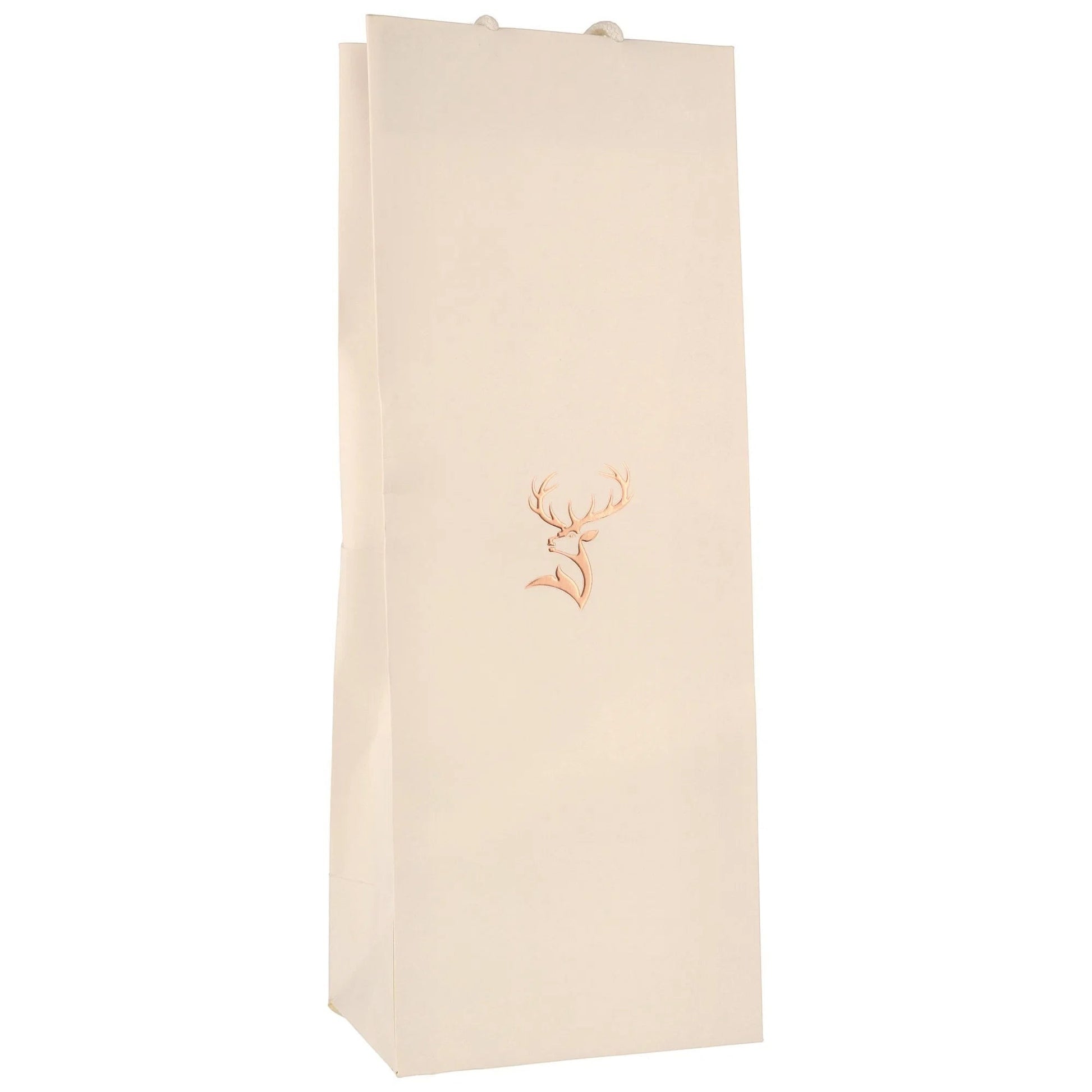 Schwarzbach Spirits Glenfiddich Geschenktüte aus hellem Papier mit goldenem Hirsch-Logo für Whisky-Gläser