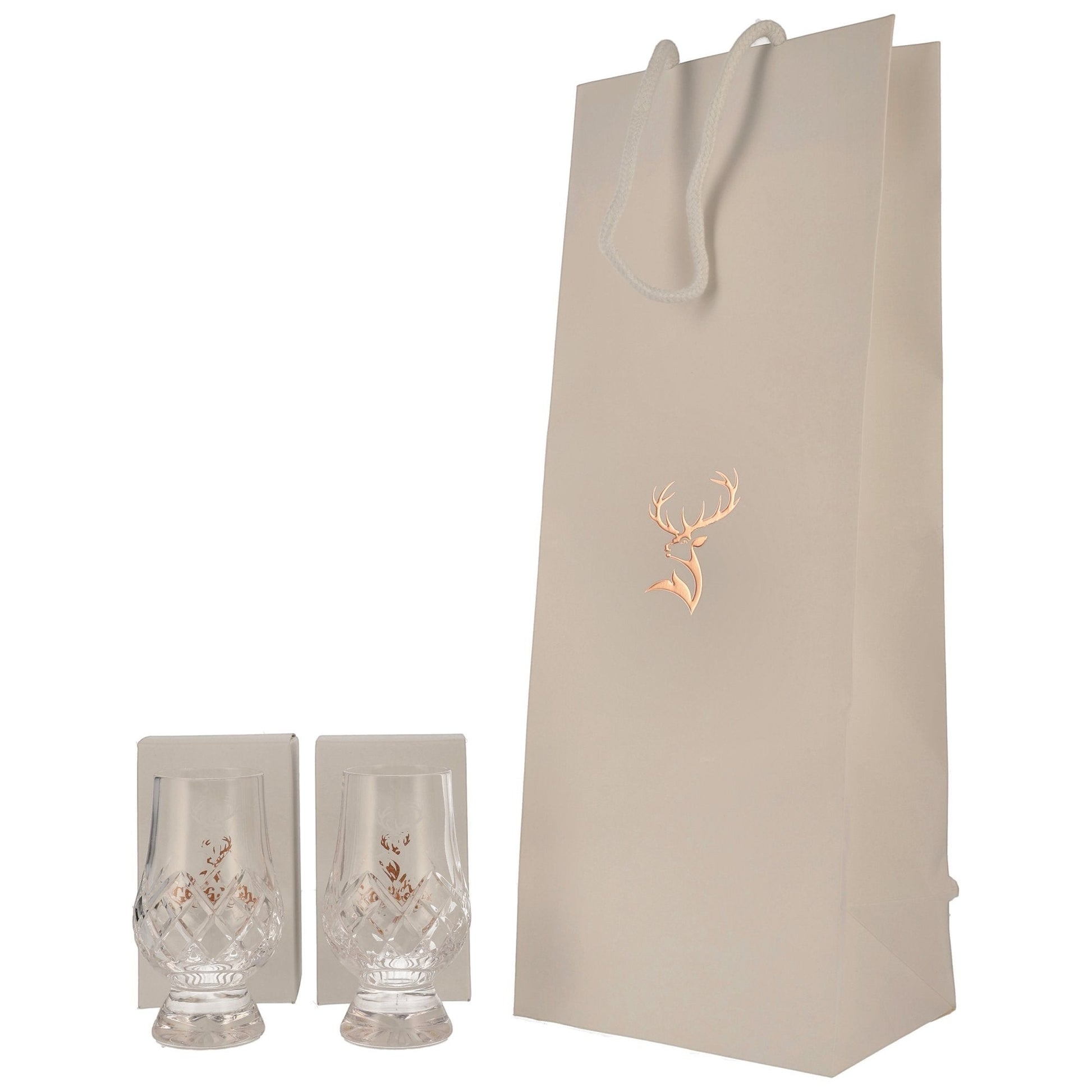 Schwarzbach Spirits Glenfiddich Glencairn Whiskyglas-Set mit Schliffmuster und goldenem Hirsch-Logo in Geschenktüte