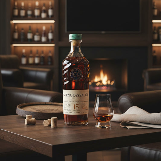 Schwarzbach Spirits Glenglassaugh 15 Year Old single malt whisky bottle and glass on a wooden table by a fireplace.