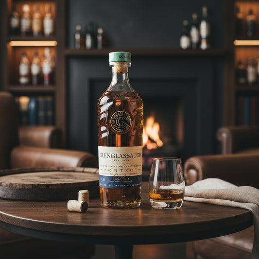 Schwarzbach Spirits Glenglassaugh Portsoy peated Highland single malt whisky bottle and glass on a wooden table