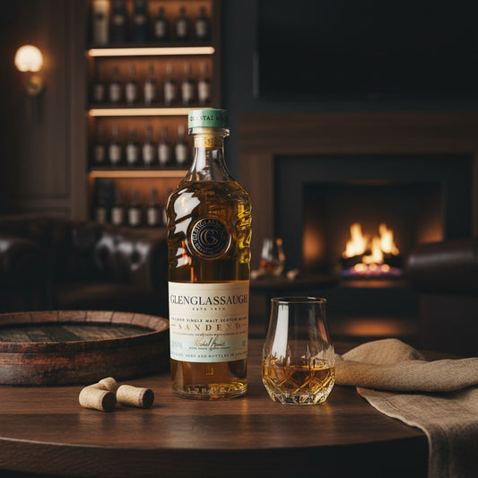Schwarzbach Spirits Glenglassaugh Sandend Highland Single Malt whisky bottle and glass on a wooden table by a fireplace