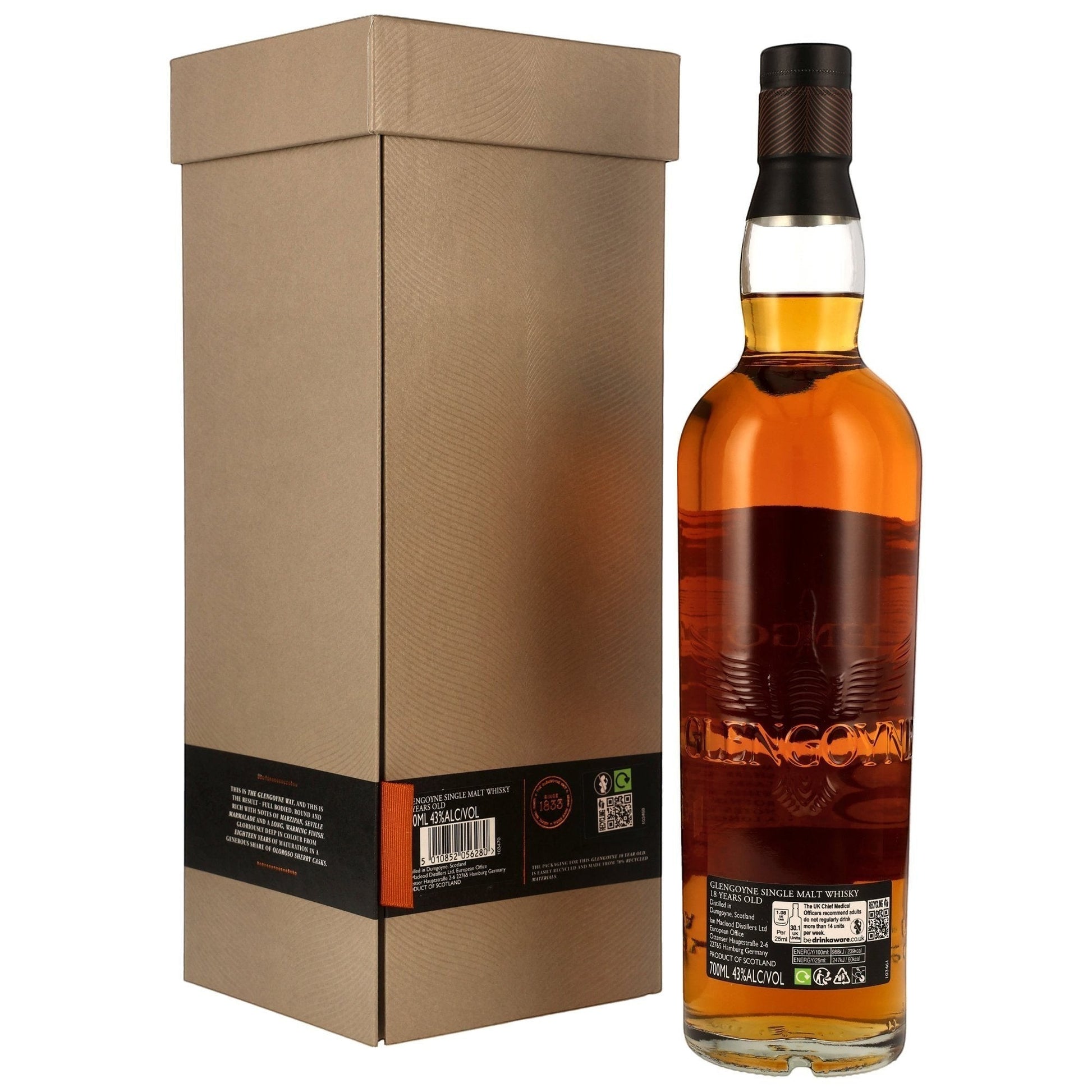 Schwarzbach Spirits Glengoyne 18 Year Old single malt Scotch whisky in a clear glass bottle with a brown label and gift box.