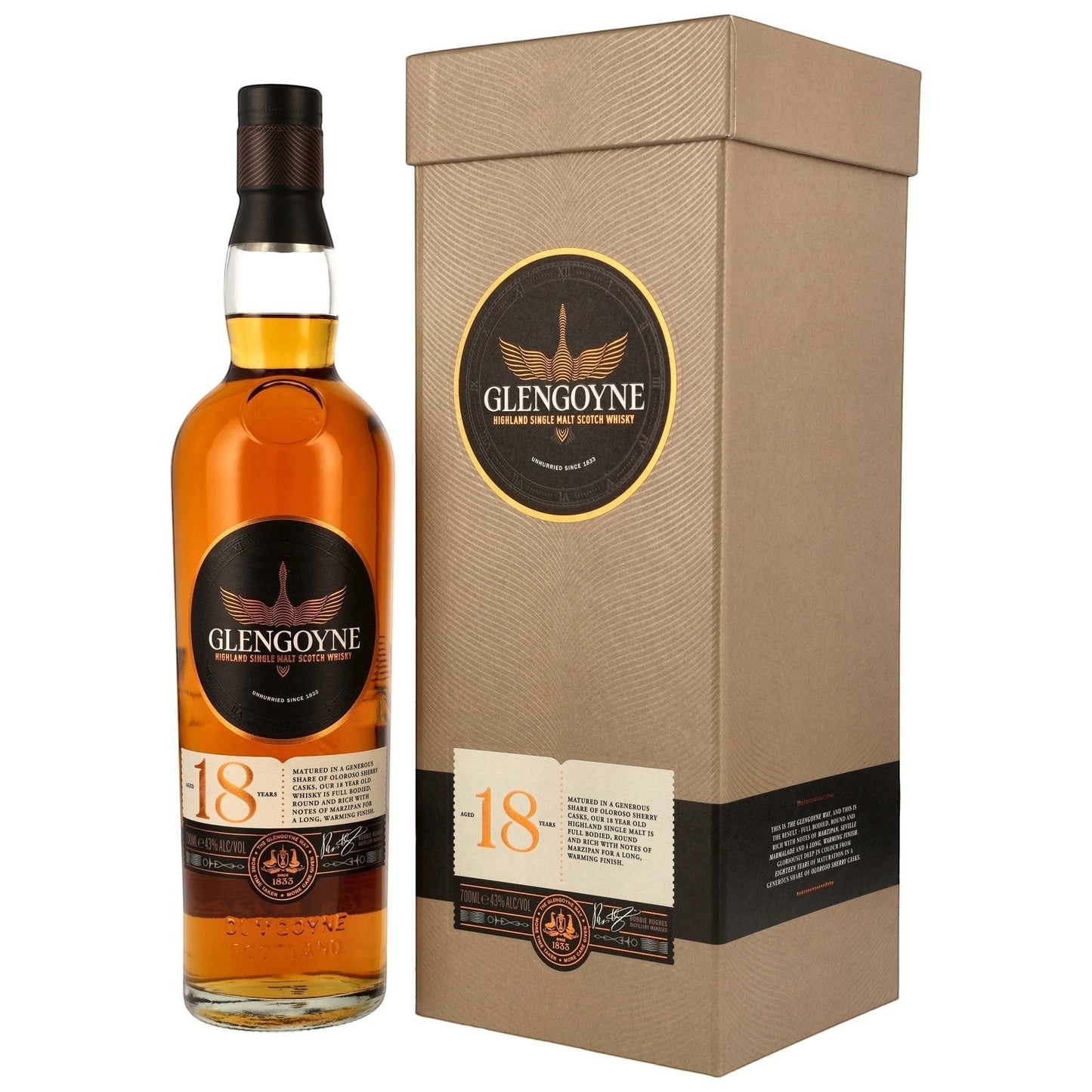 Schwarzbach Spirits Glengoyne 18 Year Old Highland Single Malt Scotch Whisky in a glass bottle with presentation box. Amber liquid, 43% Vol.