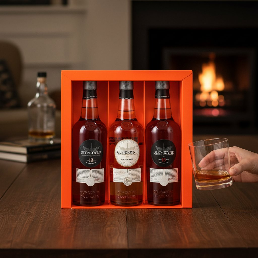 Schwarzbach Spirits Glengoyne Time Capsule tasting set with three 200ml bottles: 12 Year, 15 Year, and White Oak Highland Single Malt Scotch Whisky.