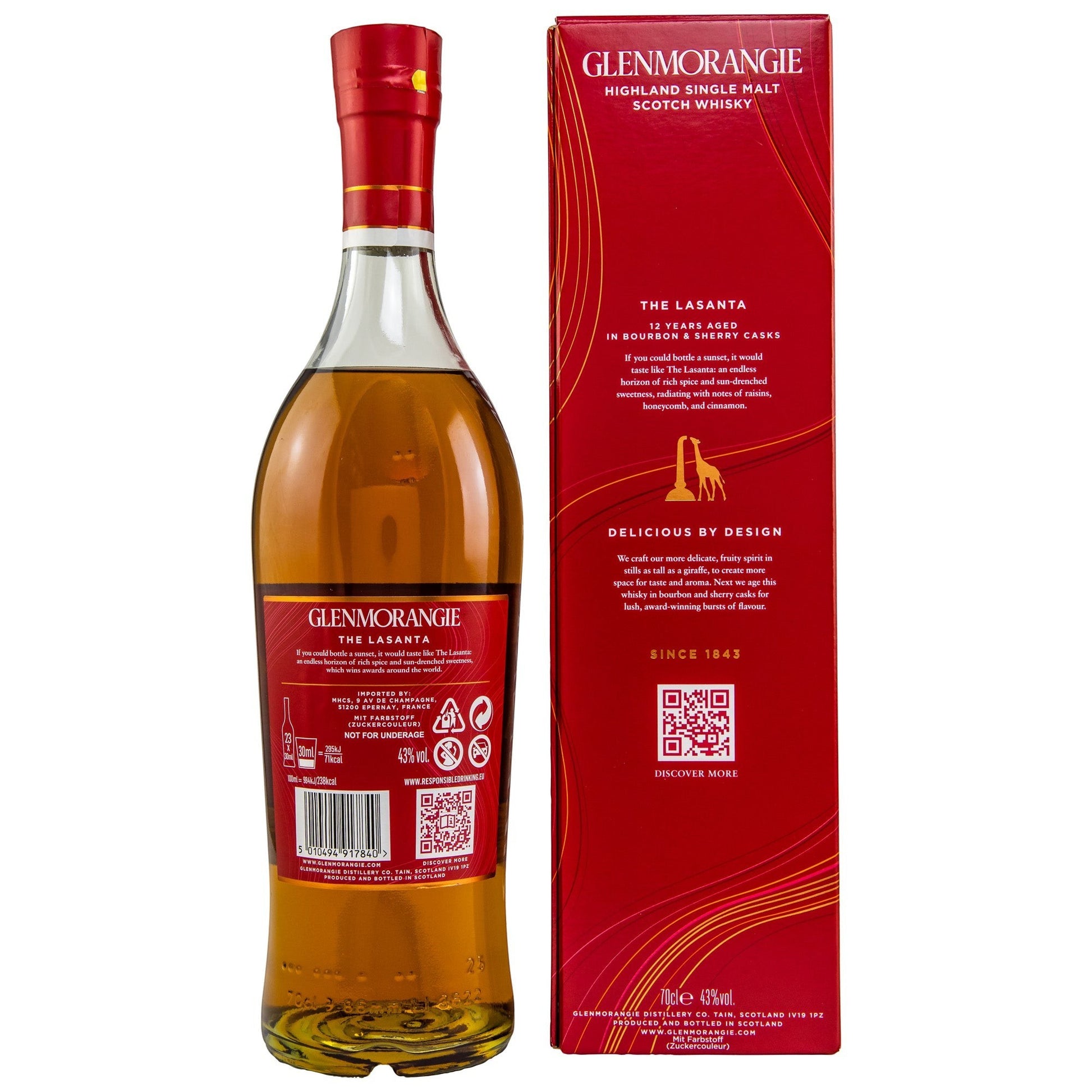 Glenmorangie 12 Jahre Lasanta Single Malt Scotch Whisky in einer Glasflasche mit rotem Etikett und roter Kappe, daneben die passende rote Geschenkverpackung.
